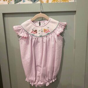 Stitchy Fish 3T Pink Smocked Bubble – Floral Heirloom Romper – Easter / Spring